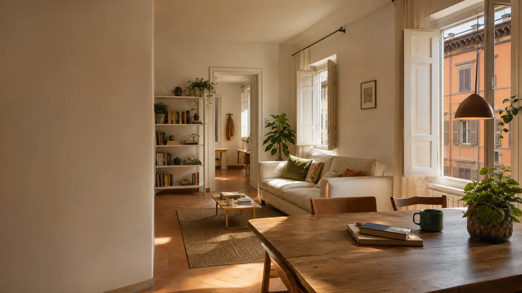 Warm shared apartment living room in a classic Italian building